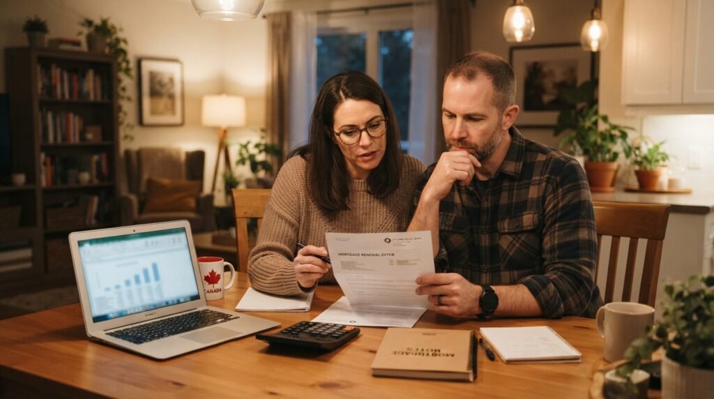 Mortgage renewal Ontario 2026 — couple reviewing a mortgage renewal letter at their kitchen table