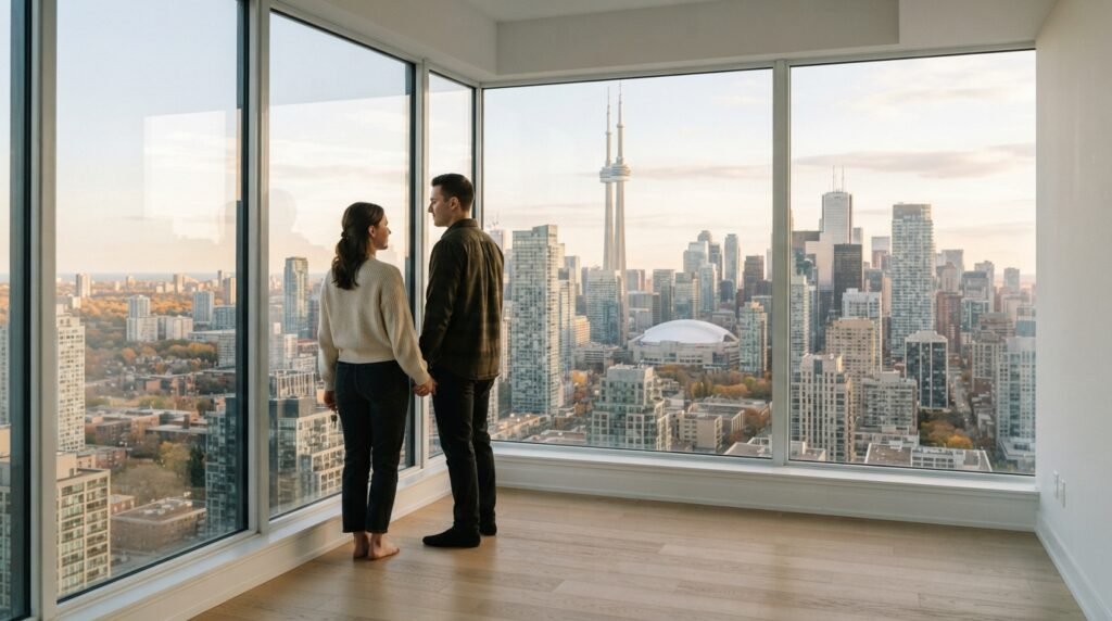 Toronto condo market 2026 - buyer viewing a downtown condo unit with city towers outside the window
