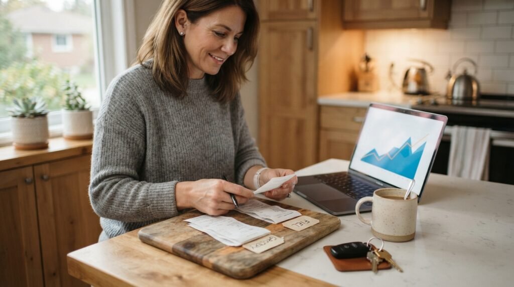 Canada inflation September 2026 - Ontario homeowner reviewing grocery and fuel receipts beside a mortgage statement