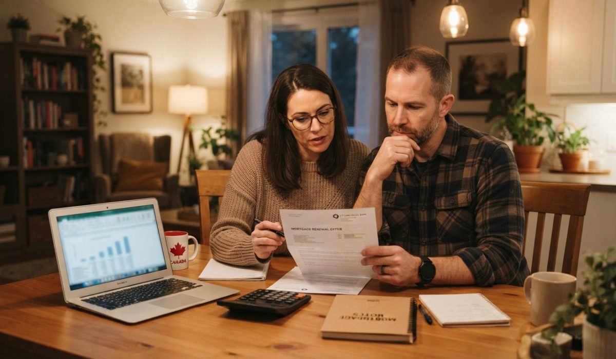 Mortgage renewal Ontario 2026 — couple reviewing a mortgage renewal letter at their kitchen table