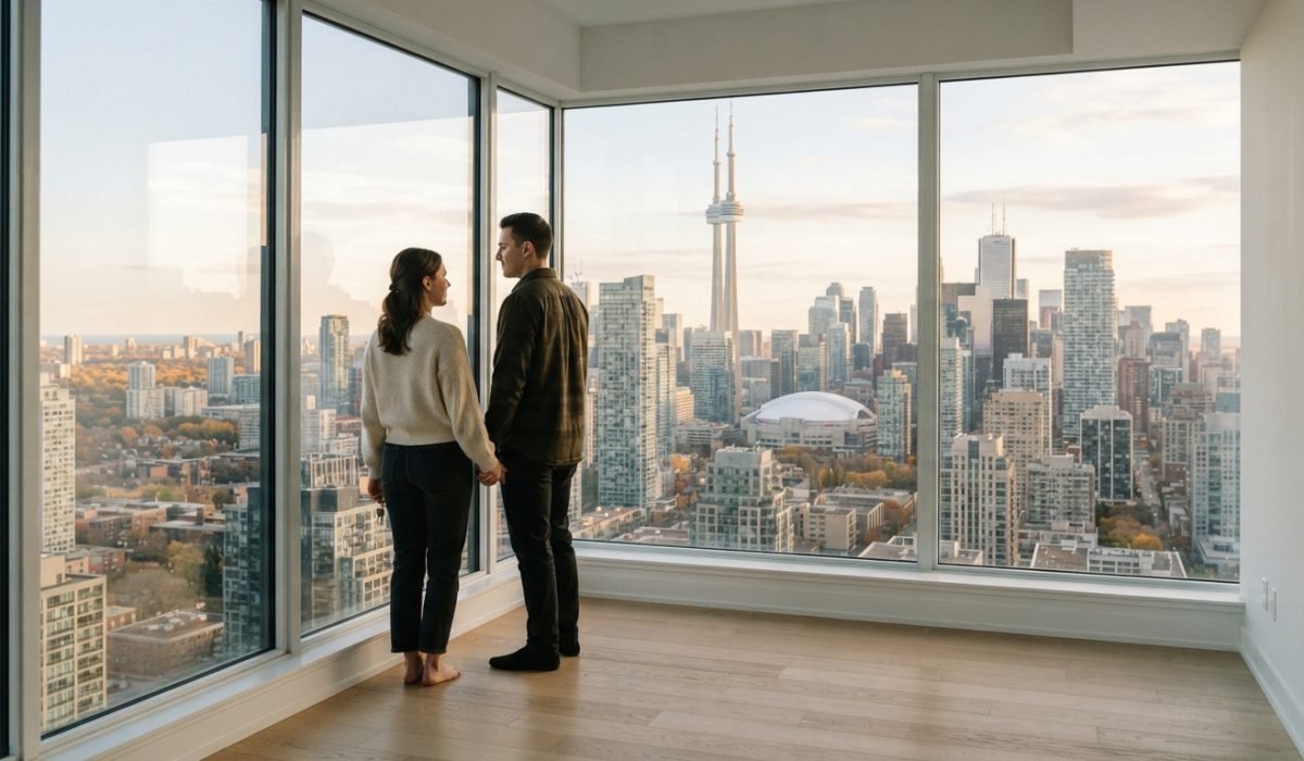 Toronto condo market 2026 - buyer viewing a downtown condo unit with city towers outside the window